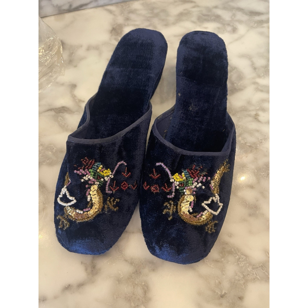 Vintage Navy Velvet Dragon Beaded Slippers – Size 38 (US 7) NOS